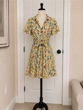 London Times Yellow Floral Tie-Front Shirt Dress